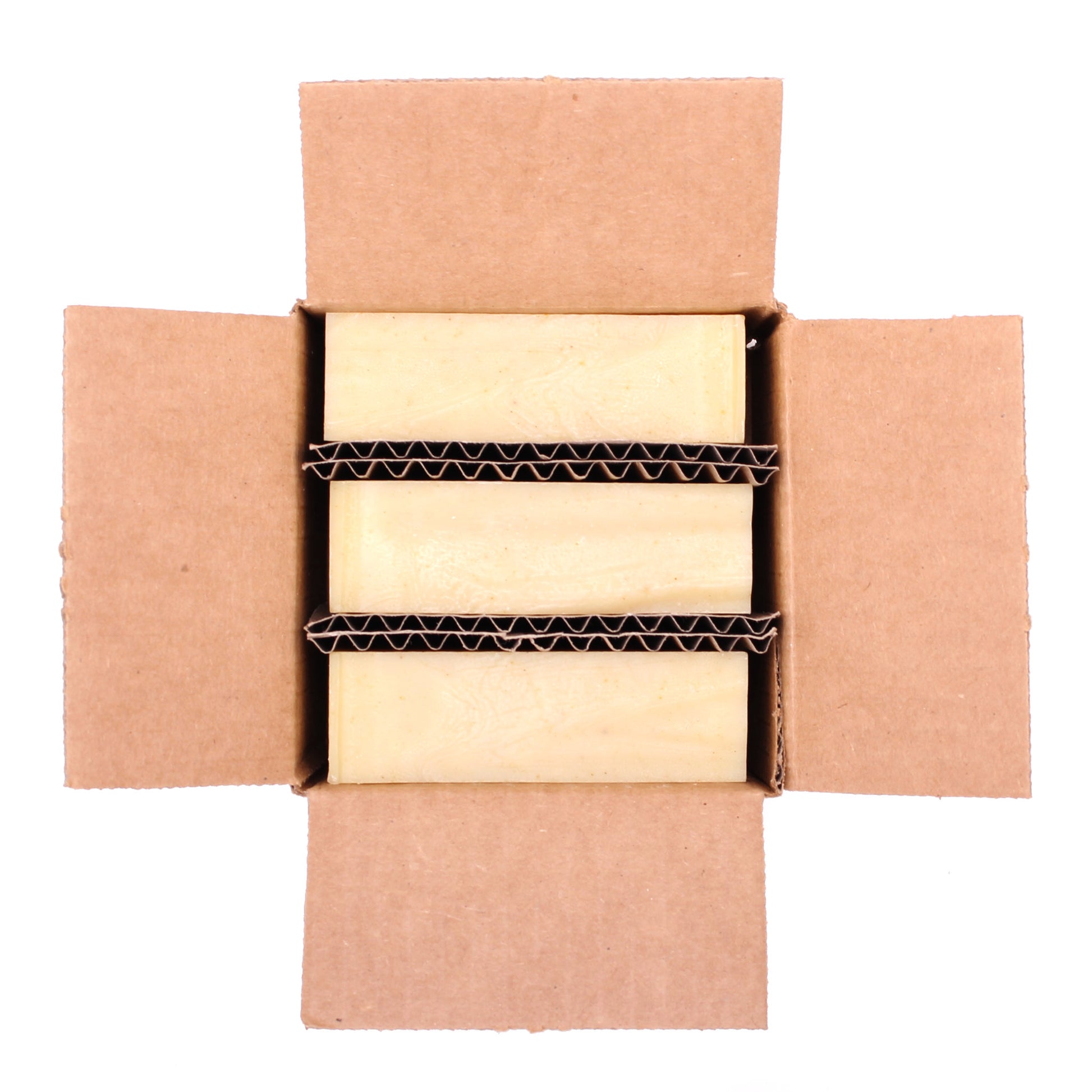 Naked three pack of Bright & Feisty citrus essential oil blend organic bar soap from ground Soap.