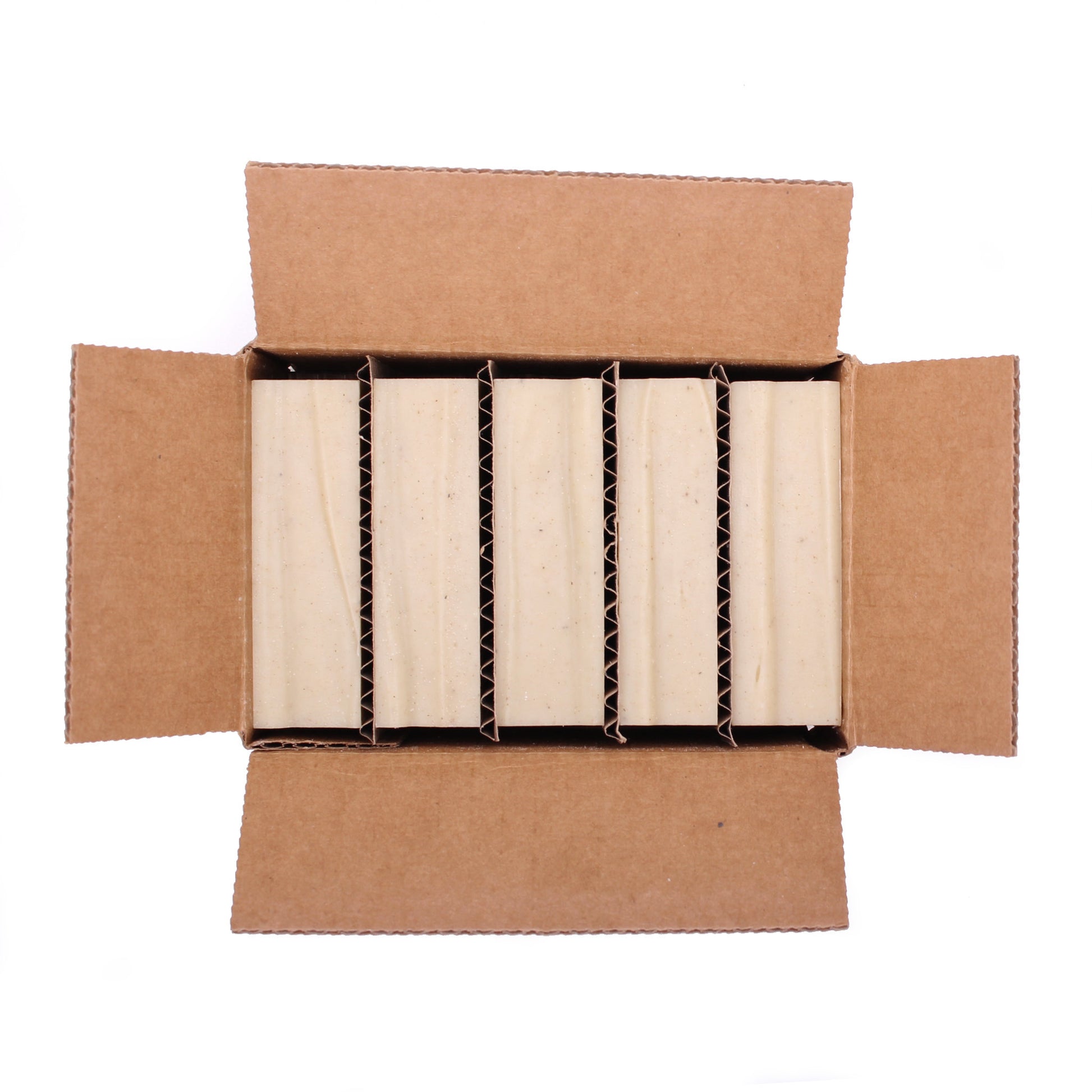 A naked five pack of Face Mate Teatree essential oil and rhassoul clay organic bar soap from ground Soap in a box.